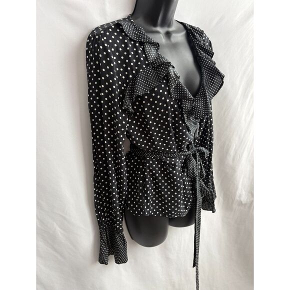 H&M NWT Black Polka Dot Ruffle Wrap Blouse Size 10 Belted Career Office Pinup - Picture 3 of 10